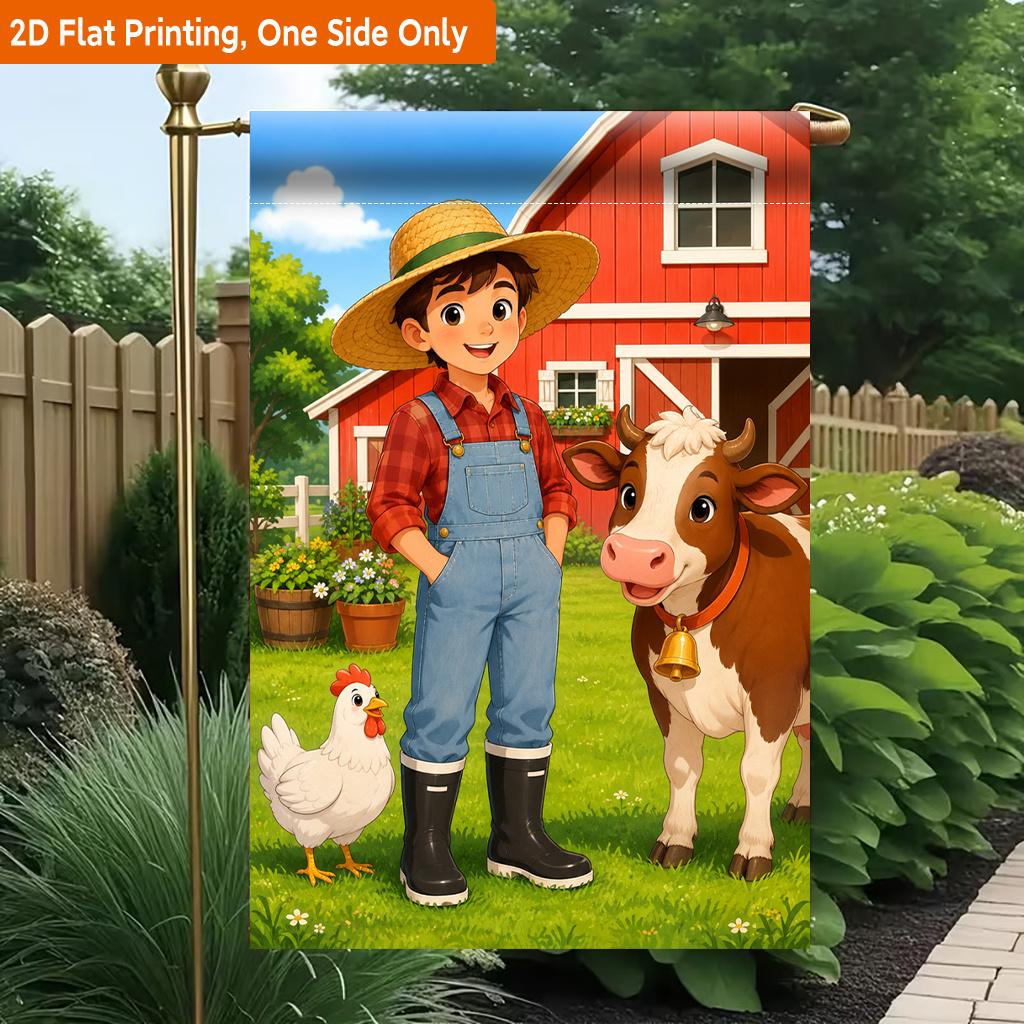 2D Flat - 2D Flat Printing Garden Flag 1pc, Young Farmer with Animals Durable Single-Sided Print Yard Flag, Garden And Home Holiday Decoration, 29.97