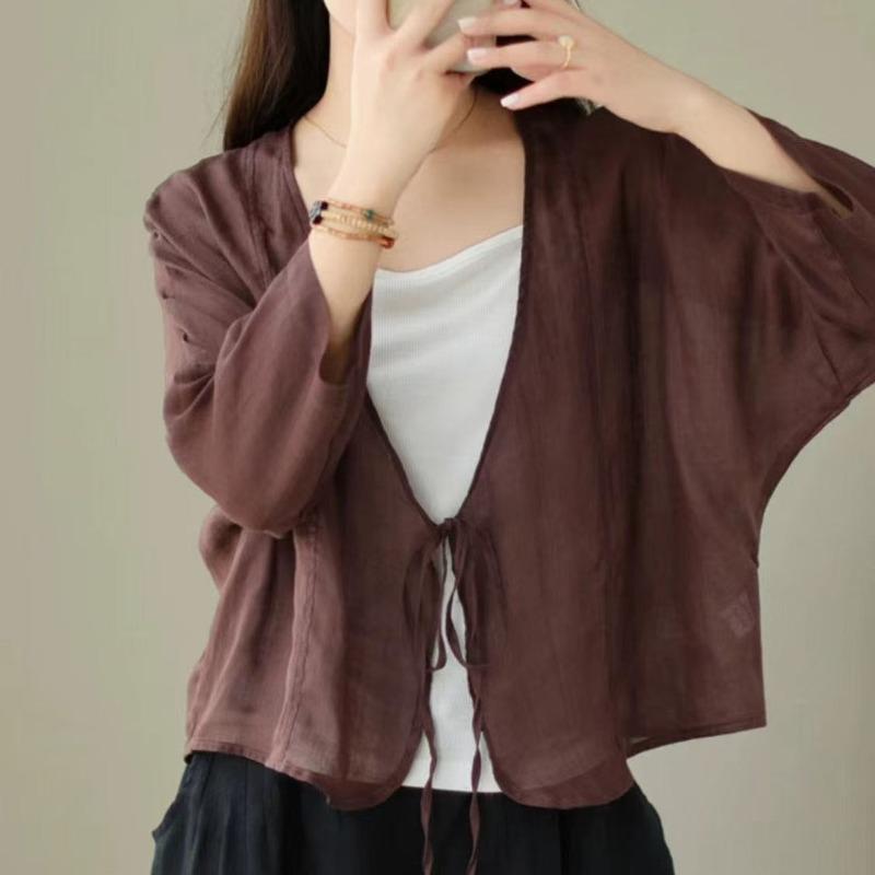 Sommer Atmungsaktives Lässiges Dünnes Sonnenschutzkleid Lockerer V-Ausschnitt Schnürung Strickjacke Kurze Jacke