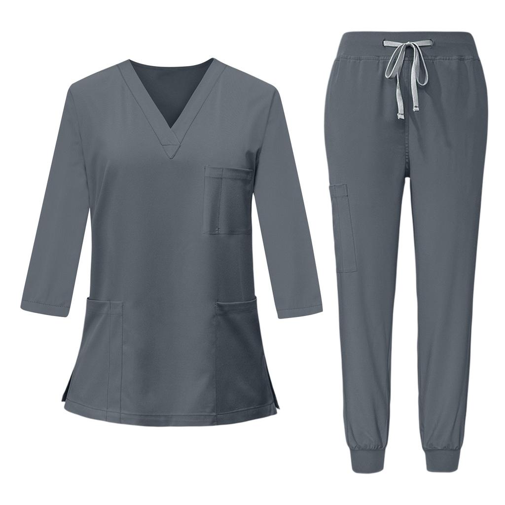 Set da Lavoro da Donna a Manica 3/4 con Top Scollo a V e Pantaloni Jogger, Uniforme Morbida ed Elastica per Professionisti Medici