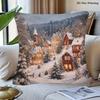 2D Flat - 1 Beautiful Winter Village Snow Scene Christmas House Illustration Double-Sided Printed Christmas Pillowcase | Available In Multiple Sizes,