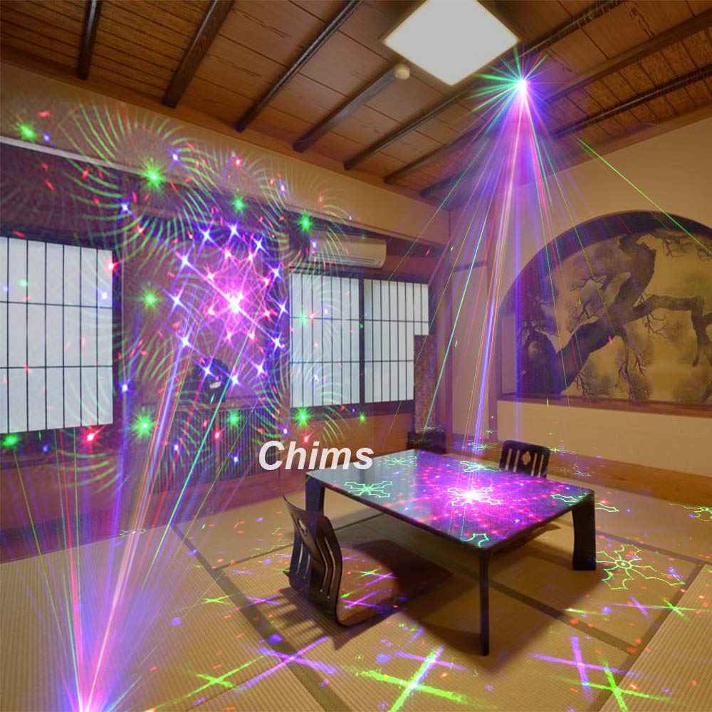 Chims Light Laser Projector RGB 96 Patterns Voice-Controlled Stage Lighting System 4 Light Sources Red Green Blue Family Party DJ Christmas Halloween