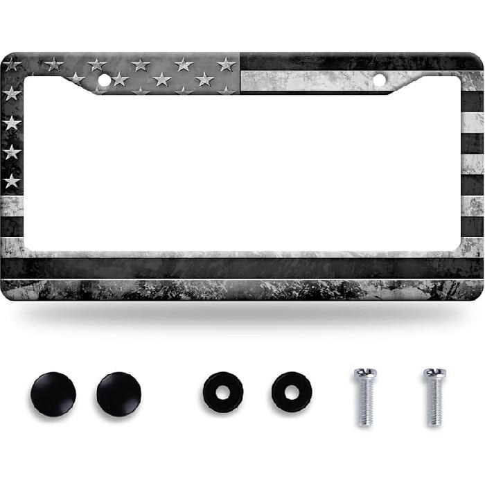 Grey Black American Flag License Plate Frame Vintage USA Flag License Plate Stainless Steel Funny License Plate Holder Patriotic Car Accessory Car