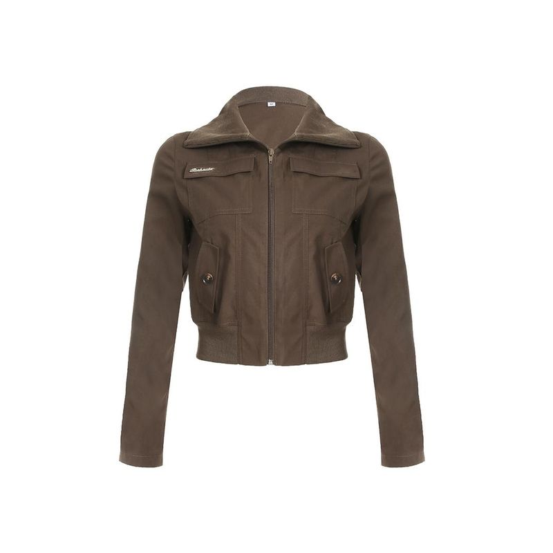 H Home European and American Women's Clothing Maillard Retro Pocket Zipper Workwear Short Jacket Sexy Slim Looking Stand Collar In Brown Jacket