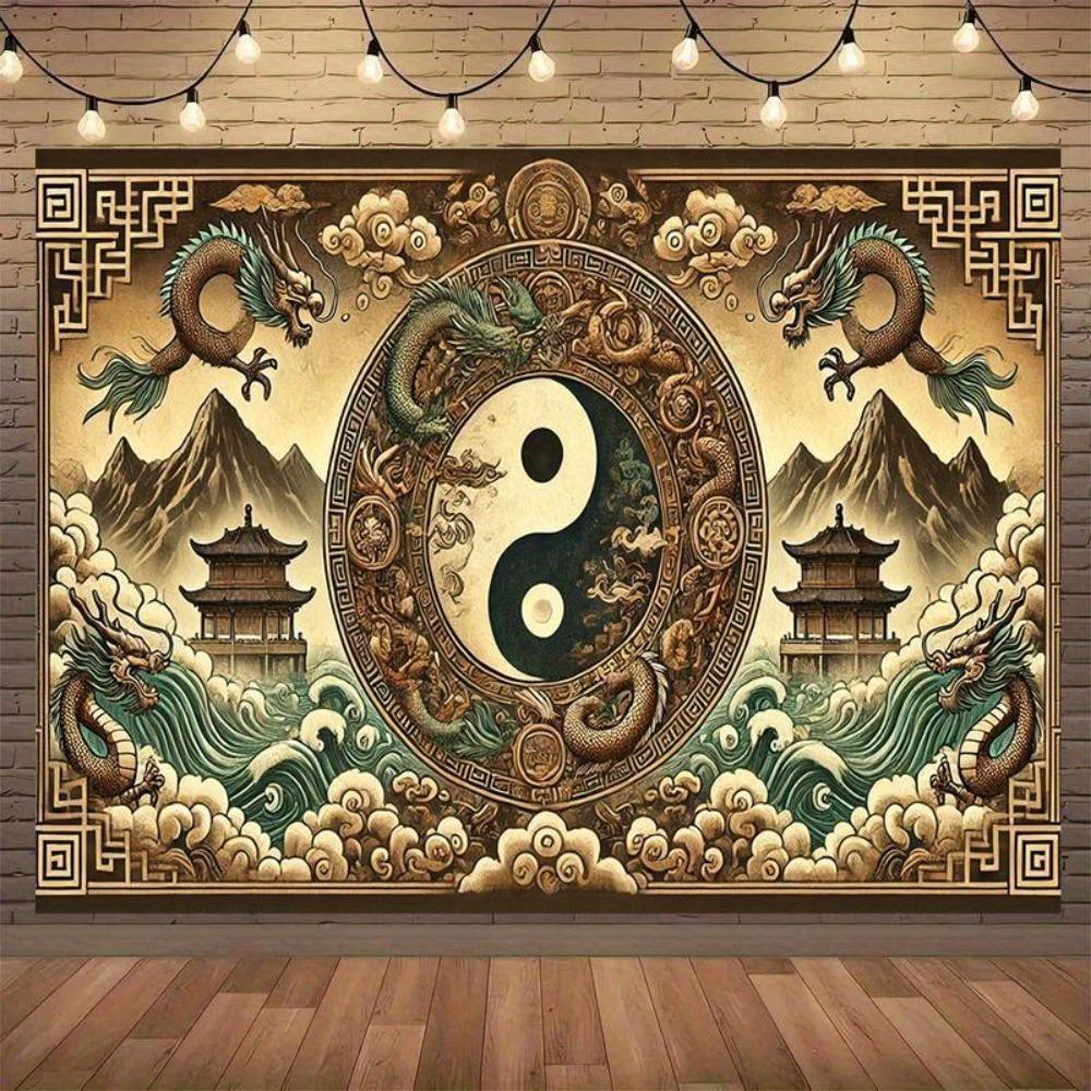 1 Yin Yang Dragon Tapestry Single Sided 2D Print Polyester Wall Hanging for Bedroom Living Room Traditional Asian for Zen Decor