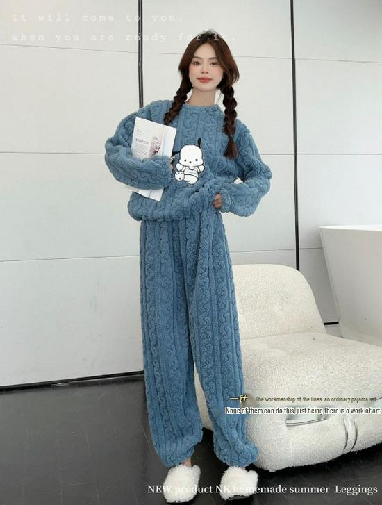 2025 Herbst/Winter Damen Verdicktes Korallenfleece Flanell Pyjama Set mit langem Cardigan, Übergröße, Warme Homewear.