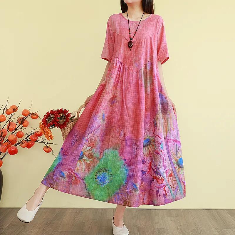 

Retro Literary New Round Neck Printed Loose Slim Short-sleeved Long Dress M