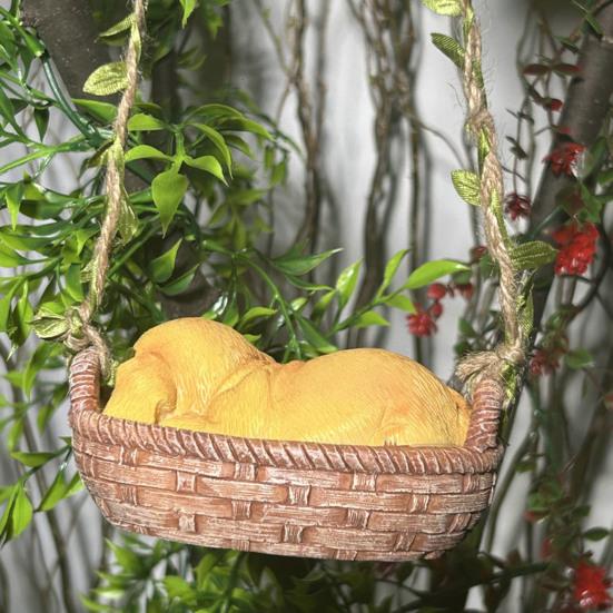 Dog Swing Ornament Cute Resin Puppy Sleeping in Woven Basket Statue Outdoor Hanging Decoration with Rope for Garden Patio Balcony Decor