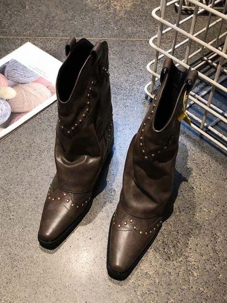 Moda Szpiczasty Nosek Nit Damskie Buty do Połowy Łydki Średni Obcas Skórzane Damskie Półwysokie Kozaki Jesień Zima Wodoodporna Moda 2025 Kozak