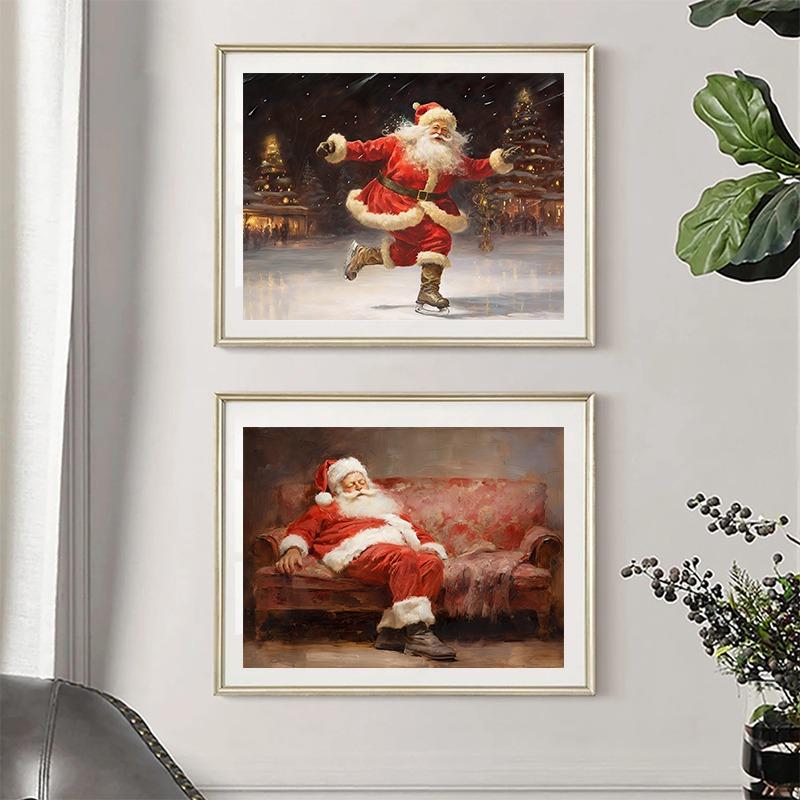 Vintage Santa Claus On A Swing Poster Reindeer Prints Canvas Printing Christmas Holiday Wall Art Picture for Home Decor Gifts