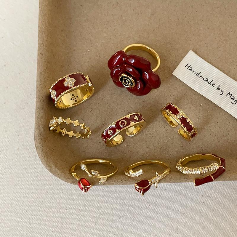 Ankara Red Dripping Oil Flower Opening Ring Female Niche Retro Light Luxury Elegant Fashion Versatile Ring Ring