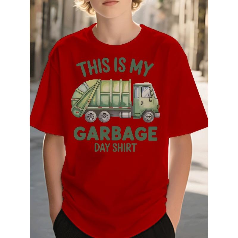 European Sizes Boys T-Shirt Casual Street Style Black Short Sleeve Tee with Cartoon Garbage Truck Graphic Kids Wear for Boys Garbage Day Theme