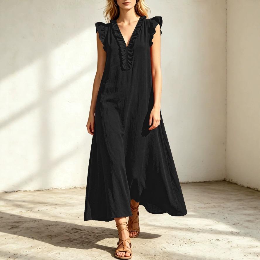 VEZFAA Women's Fashion Summer Spring Solid Color Print Short Sleeve V-Neck Loose Waistlinet Casual Dresses
