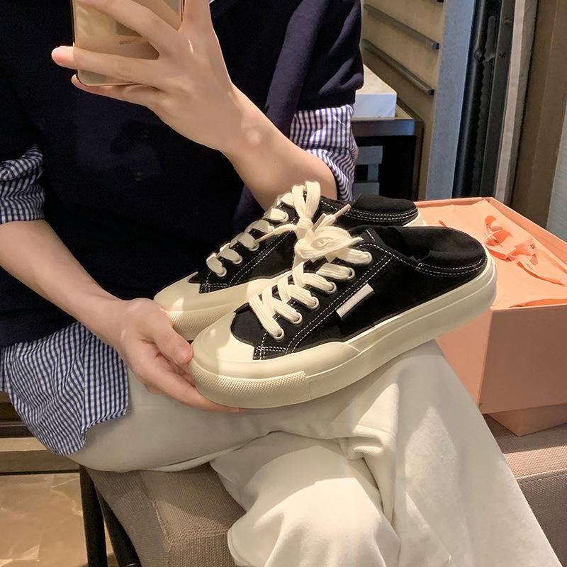 Grape mother studiolee~ 2025 new autumn small round head can be stepped on heel lace-up low-top casual style canvas shoes women