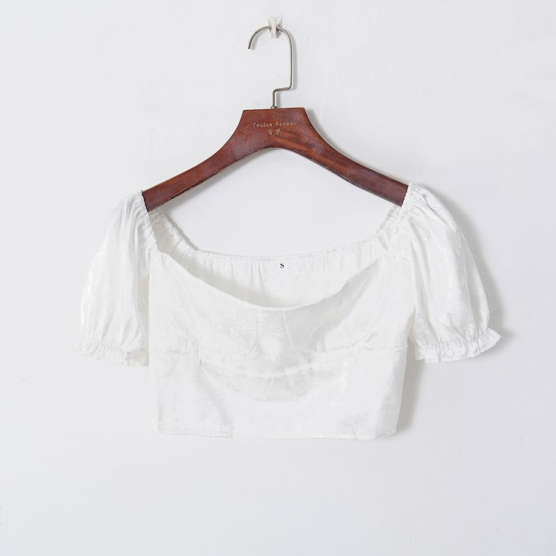 

2023 Summer Women s Clothing Fresh Solid Color Printing Elegance Square Collar Puff Sleeve Silm Short Crop Top Younger Shirt White S