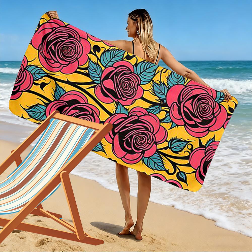 Red Roses Pattern with Yellow Background Beach Towel Quick-drying for Travel Outdoor Sports Jogging Beach and Swimming