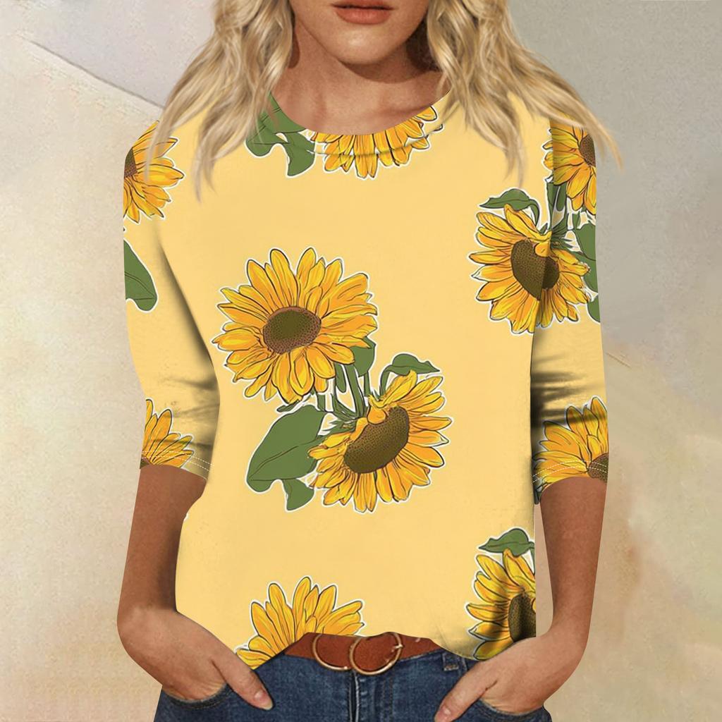 Women's Fashionable Casual Round Neck Three-Quarter Sleeve Printed T-Shirt Top