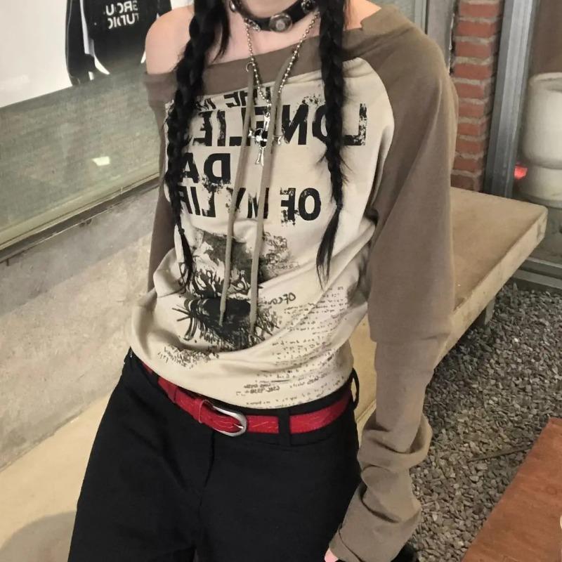 Japanese Y2k Style T Shirts Women Off Shoulder Grunge 90s Cotton Graphic Tops Vintage Harajuku Aesthetic Long Sleeve Tees