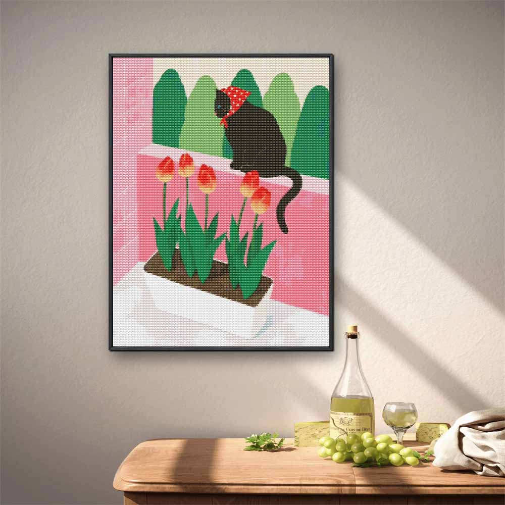 DIY 5D Diamond Art Kit Black Cat With Scarf And Tulips Pattern Full Drill Canvas Creative Craft for Living Room Wall Decor