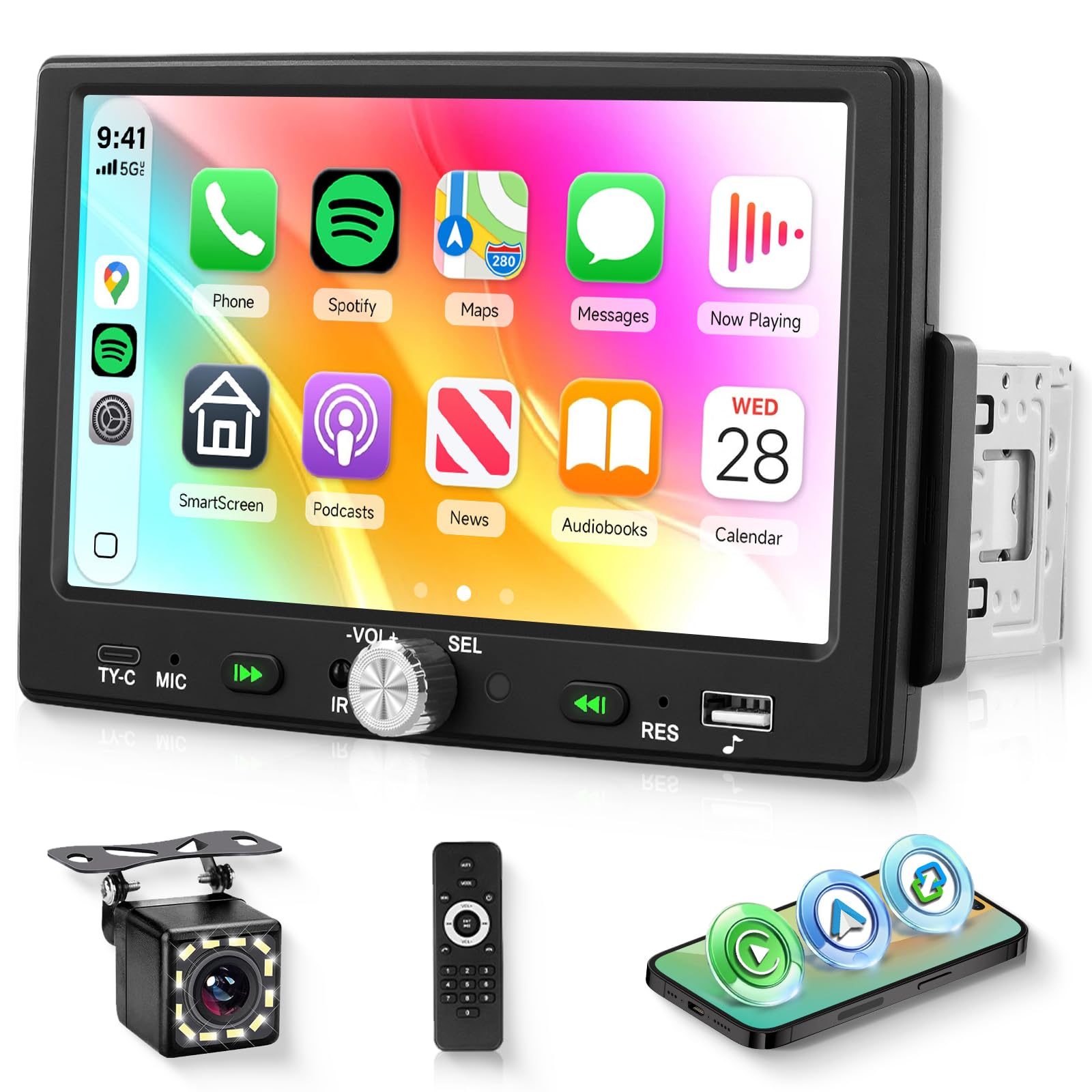 Hodozzy 1DIN Car Audio System with CarPlay/Android Auto, 7-inch HD Touchscreen Car Radio, Bluetooth, Single DIN, MirrorLink, FM Radio, Backup Camera,