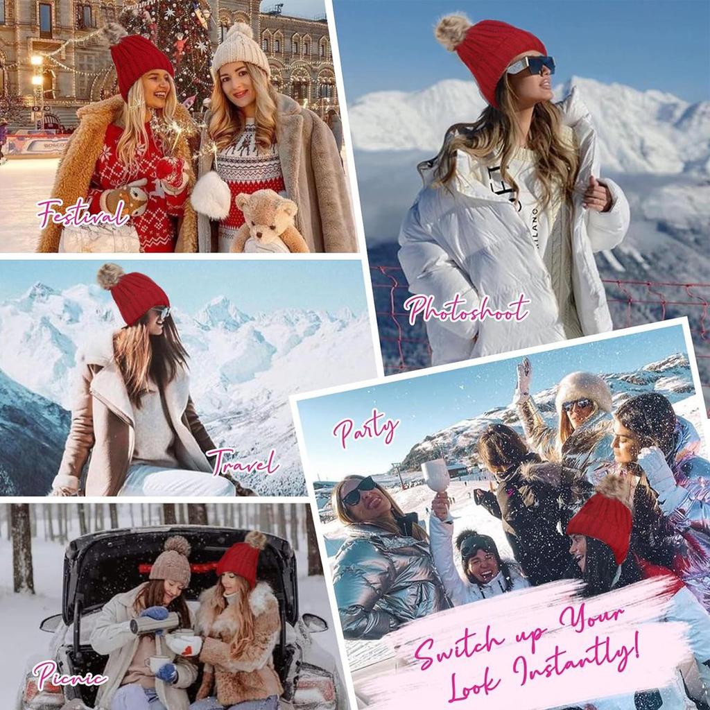 Red Hat Wig for Women Knitted Warm Wavy Curly Long Hat Wig Synthetic Natural Fake Hair