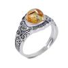 Adjustable Open Ring With Floral Amber Scroll Vintage Oxidized Copper Band Unisex Elegant Statement Jewelry