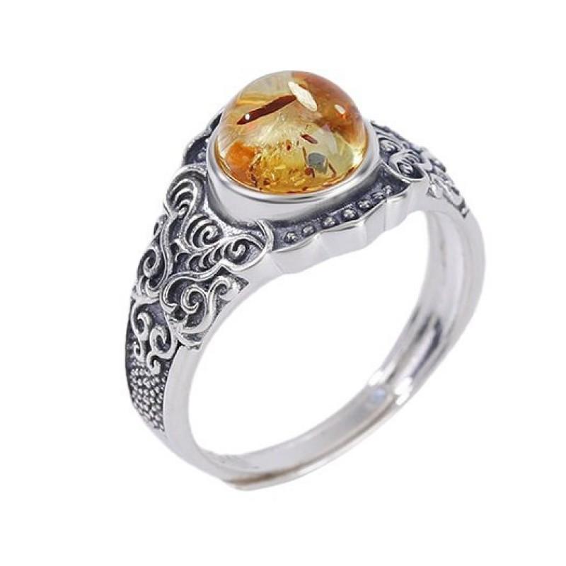 Adjustable Open Ring With Floral Amber Scroll Vintage Oxidized Copper Band Unisex Elegant Statement Jewelry