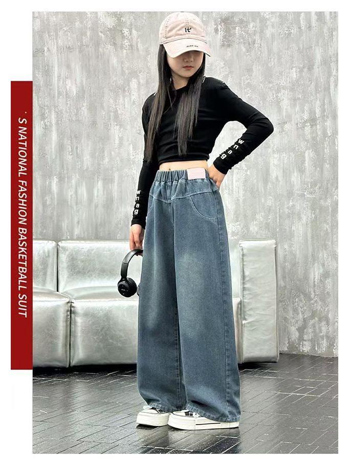 Dżinsy z szerokimi nogawkami w koreańskim stylu dla dziewczynek - Casualowa moda wiosenno-jesienna dla dzieci