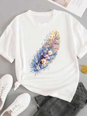 (Asian Size) Sweet Flower Feather Short Sleeve T-shirts Women's Top T Female Print  Fashion O-neck Casual Clothing  Graphic Tee