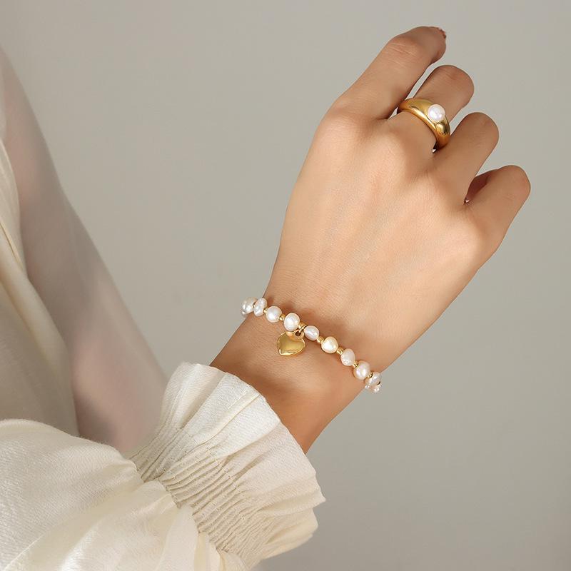 French Personalized Freshwater Pearl  Steel Bead Bracelet with Heart Pendant