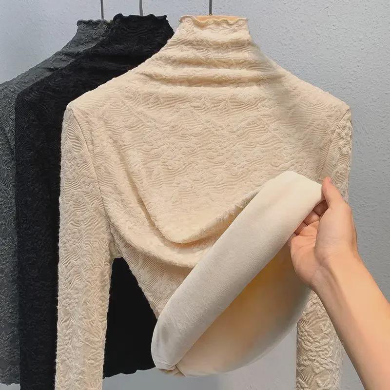 Women's Plus Size Velvet Lace Bottoming Shirt - Warm Half High Collar Mesh Top for Autumn/Winter 2024