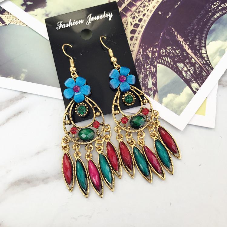 Vintage court gem set earrings long temperament bohemian earrings niche earrings women