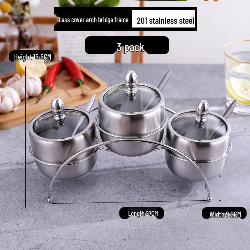 Gold Korean-Style Seasoning Jars, 201 Stainless Steel with Glass Lids On Tray, for Restaurant Use.