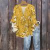 Women's Fashion Button V-Neck Ruffle Seven Sleeve Blouse Floral Printed Top