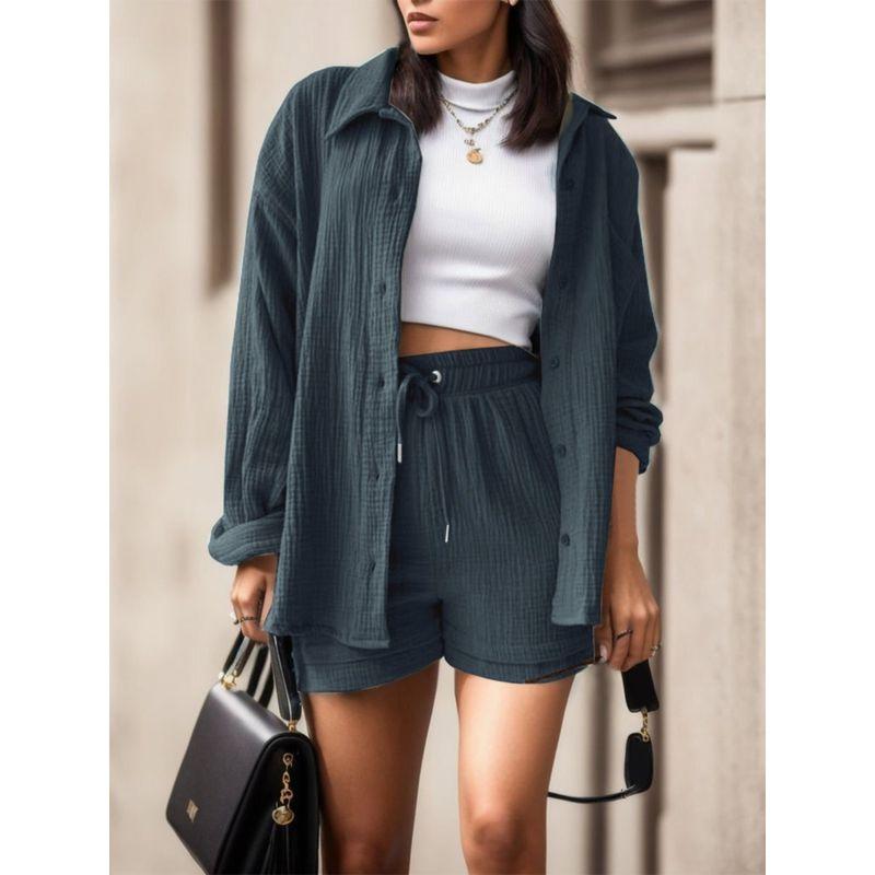 And Summer New Arrival Women's Clothing Fashion Style Champray Lapel Long Sleeve Shirt High Waist Drawstring Shorts Fashion Casual Two-Piece Suit
