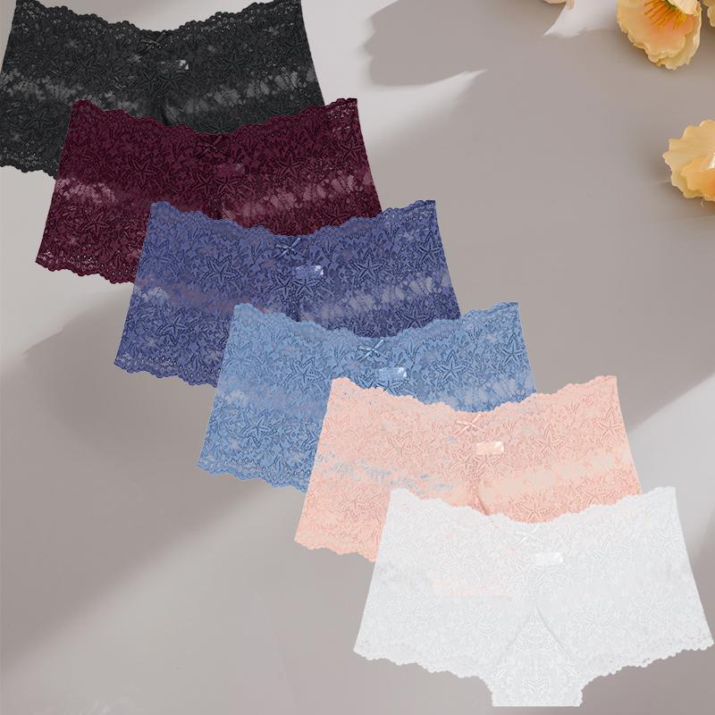 FINETOO 6 Stück/Set Damen Slips Aushöhlen Spitze Mittelhoch Elastisch Durchsichtig Sternspitze Vierkant-Hose Damen Unterhosen
