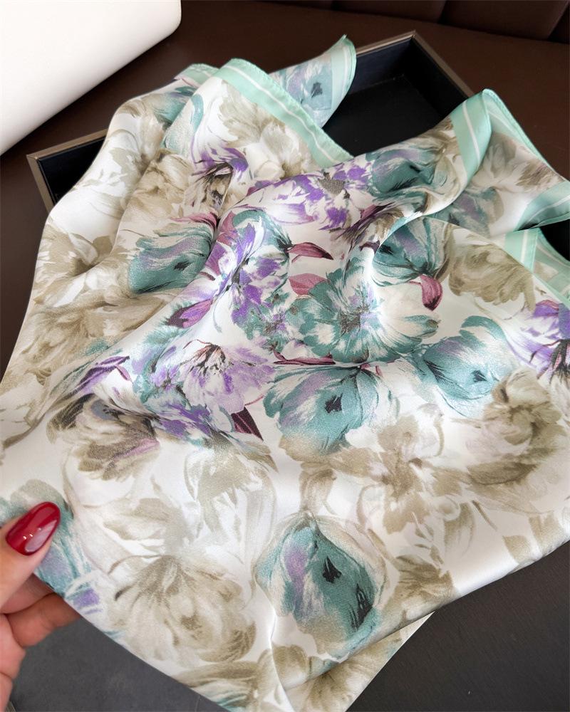 70*70cm Women's Square Scarf Soft Satin Floral Print Wrap Foulard Neckerchief Bandannas Hair Skinny Tie Hijab Shawls