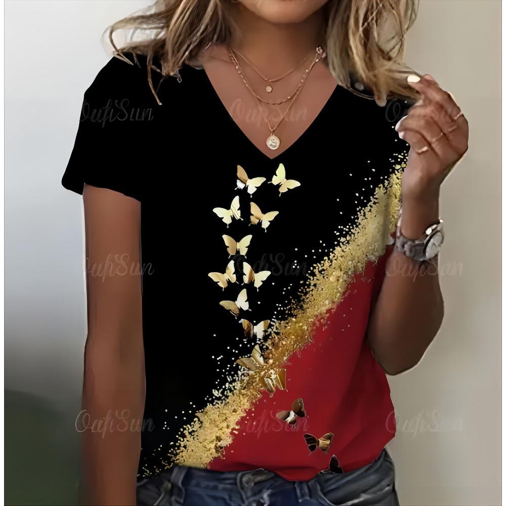 

Летняя женская футболка с V-образным вырезом, короткими рукавами и 3D-принтом бабочки, модная большая футболка, женская одежда 5XL