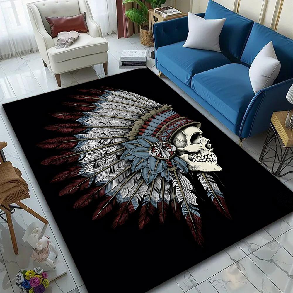 Skull with Feathered Headdress Patterned Carpet, Suitable As a Non Slip Play Mat for the Living Room and Bedroom Sofa