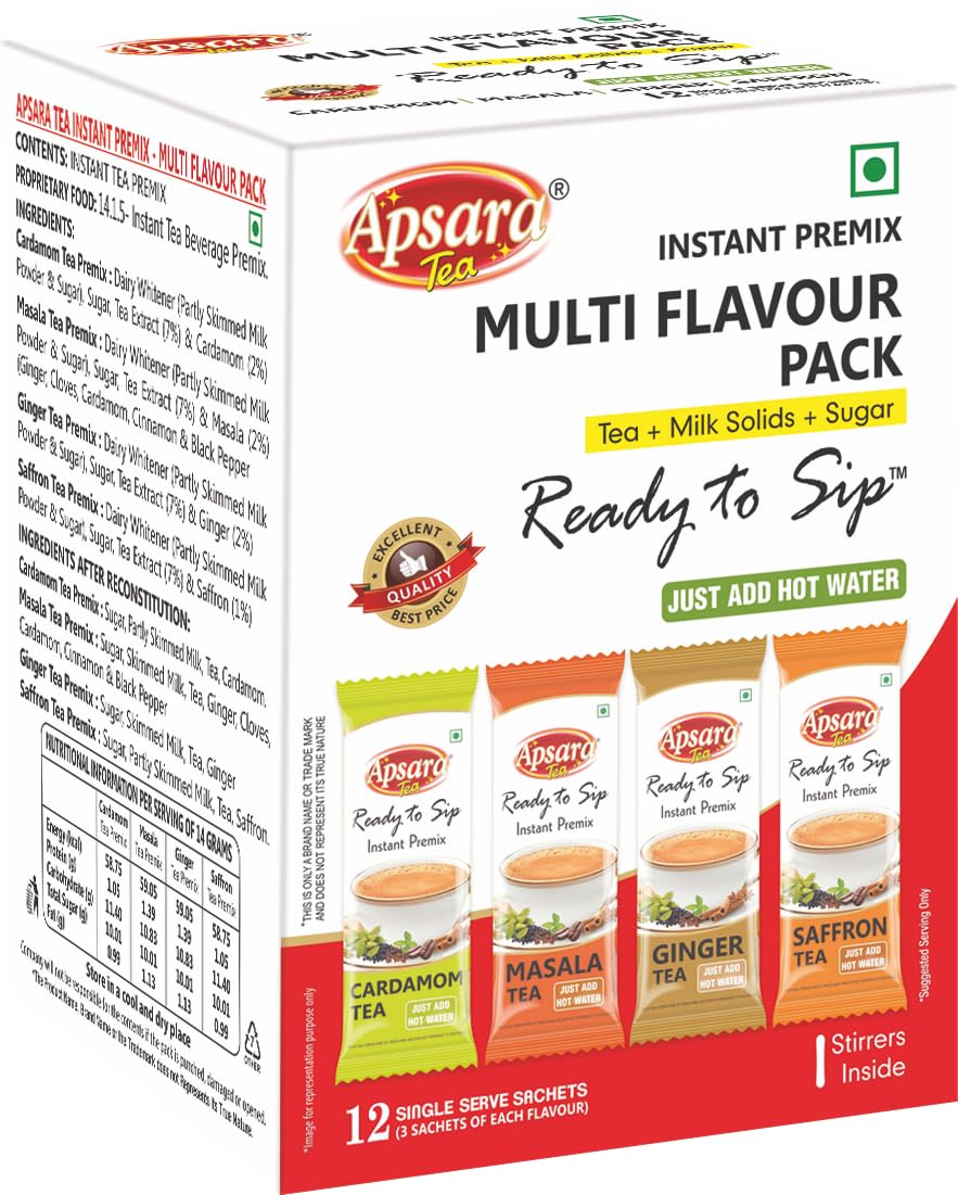 Apsara Tea Instant Premix - Multi Flavour Pack (Cardamom, Masala, Ginger, Saffron Tea) - 12 Single Serve Sachets