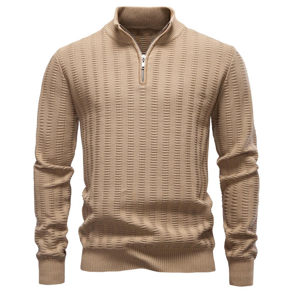 

Мужской свитер большого размера с жаккардовым узором в полоску, новинка осени и зимы 2025 года, деловой свитер с воротником-стойкой на молнии XXL
