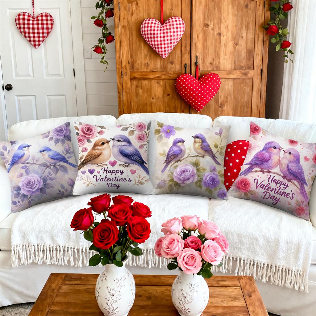 4pcs Valentine'S Day Throw Pillow Covers | Pink Purple Flowers and Birds Designs, Zip Closure, Polyester, Hand Wash Only