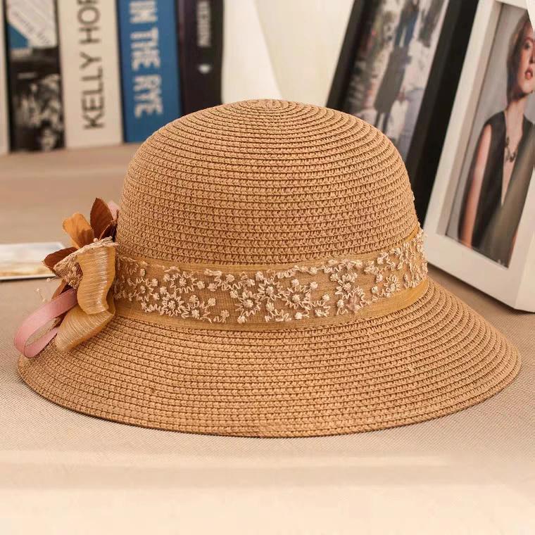 WTEMPO Women Travel Beach Breathable Lace Ribbon Flower Sun Hats Wide Brim Solid Color Spring Summer Foldable Sunscreen Hats