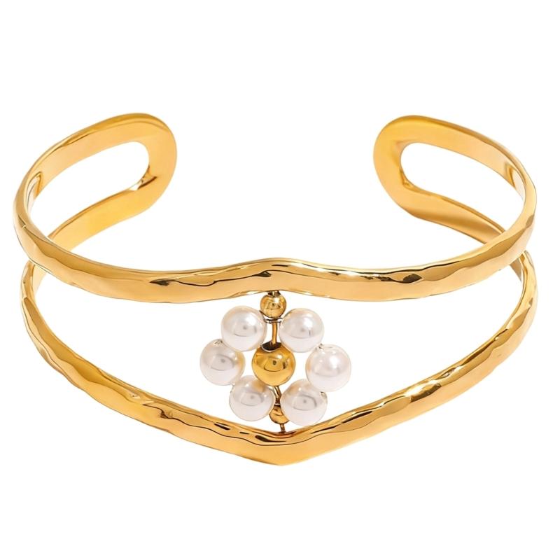 Adjustable Open Bangle Stainless Steel Pearls Bracelet Elegant Jewelry Gift for Women