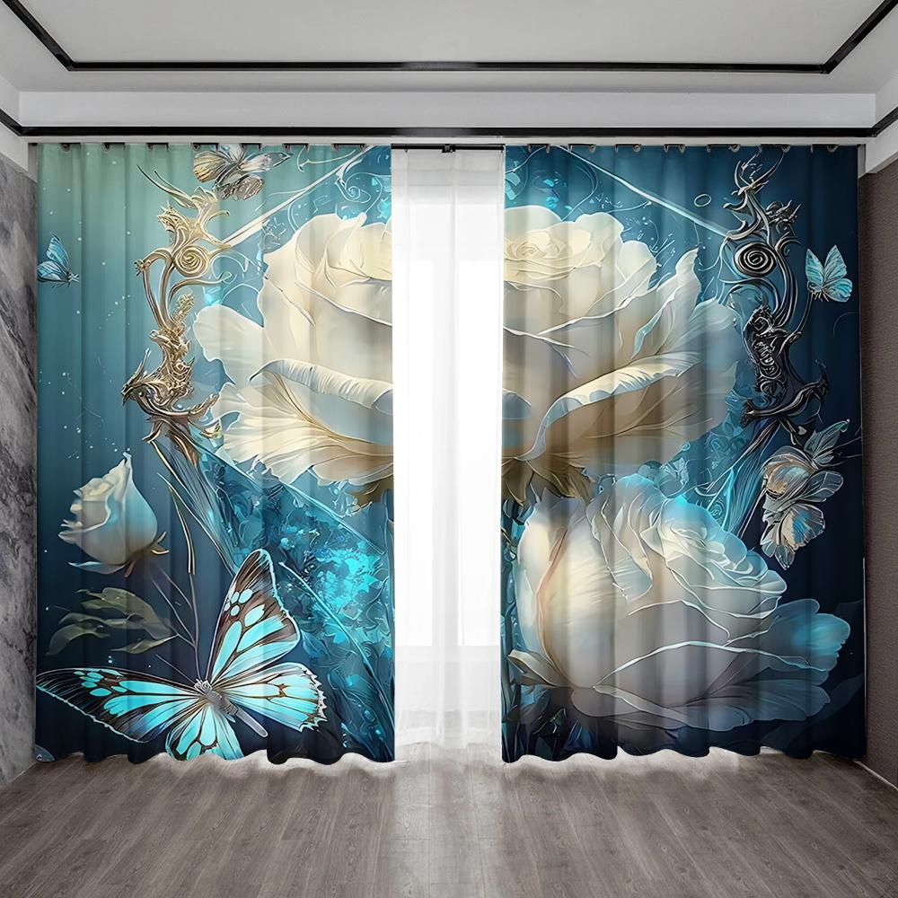 2PC Home Decoration Curtains With Dreamy Floral Background And Rod Pocket Curtains, Suitable For Kitchens, Cafes, Living Rooms