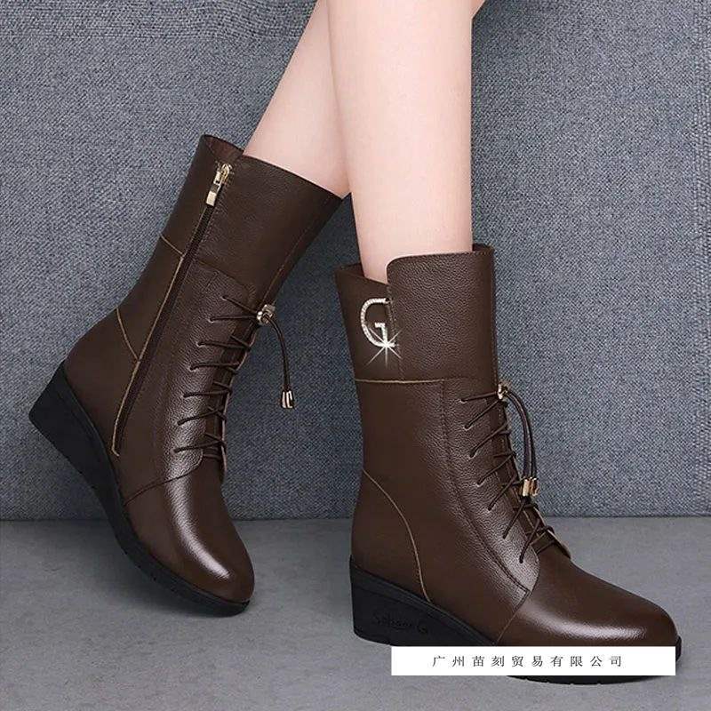 High quality real soft leather medium boots women's soft sole heightened four-season wedge heel leather boots mother cotton boots cm