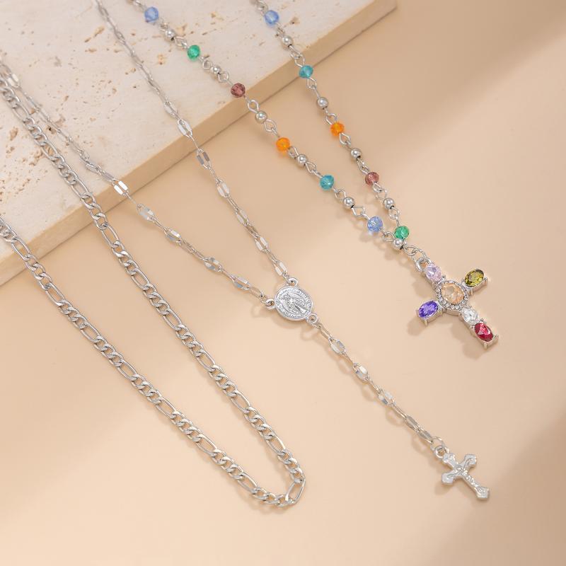 3/4Pcs Simple Jesus Cross Pendant Choker Stacking Necklace For Women Trendy Colorful Crystal Chain Christian Jewelry Gift