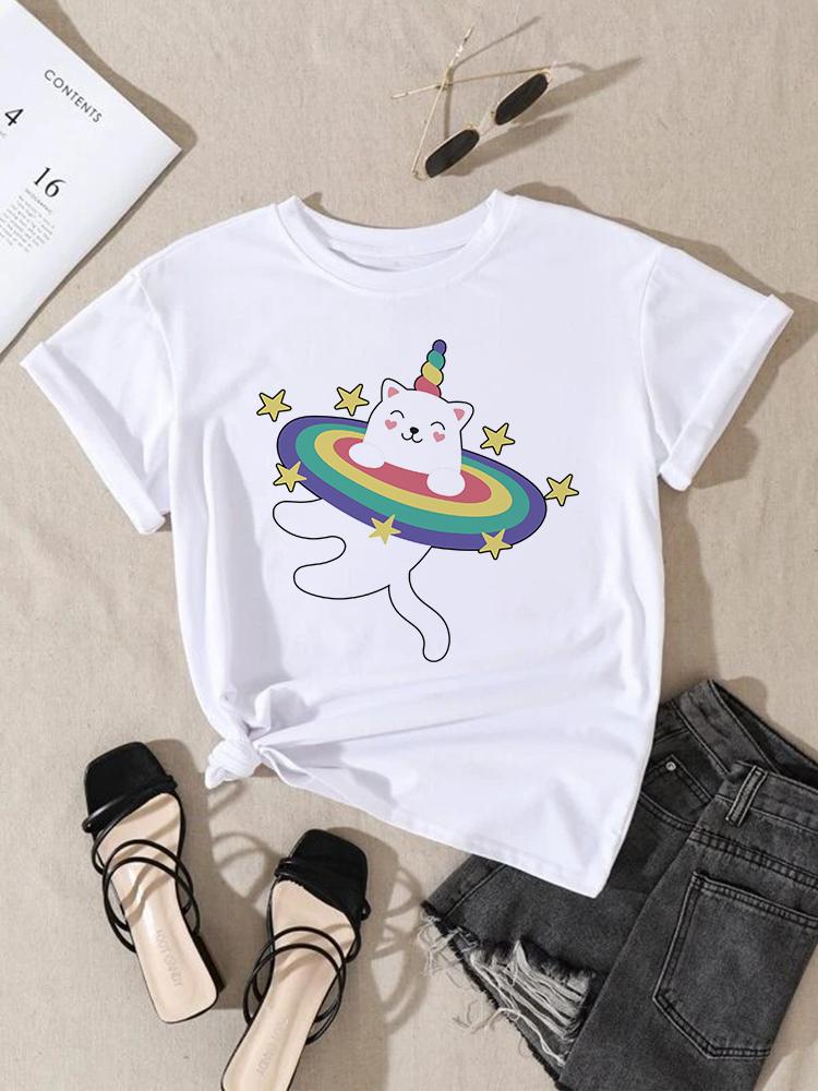 Women Fashion Print T-Shirt Girl Y2K Short Sleeve Tees Tops Kawaii 90S Sweetshirts Female Harajuku Graphic O-Neck T-Shirt