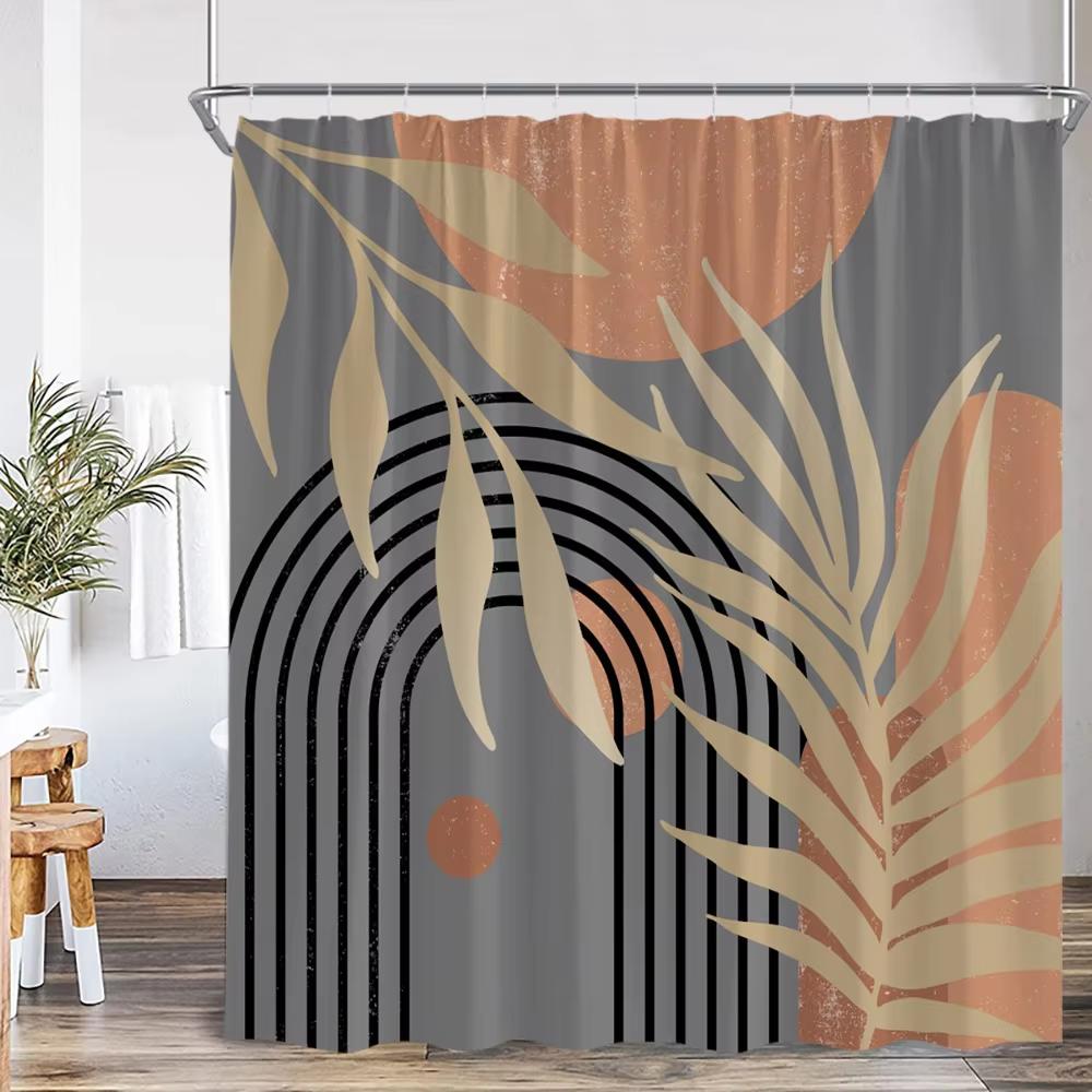 Nordic Minimalist Art Line Leaf Theme Shower Curtain, Bathroom Decorative Curtain, Printed Polyester Home Curtain With Hooks