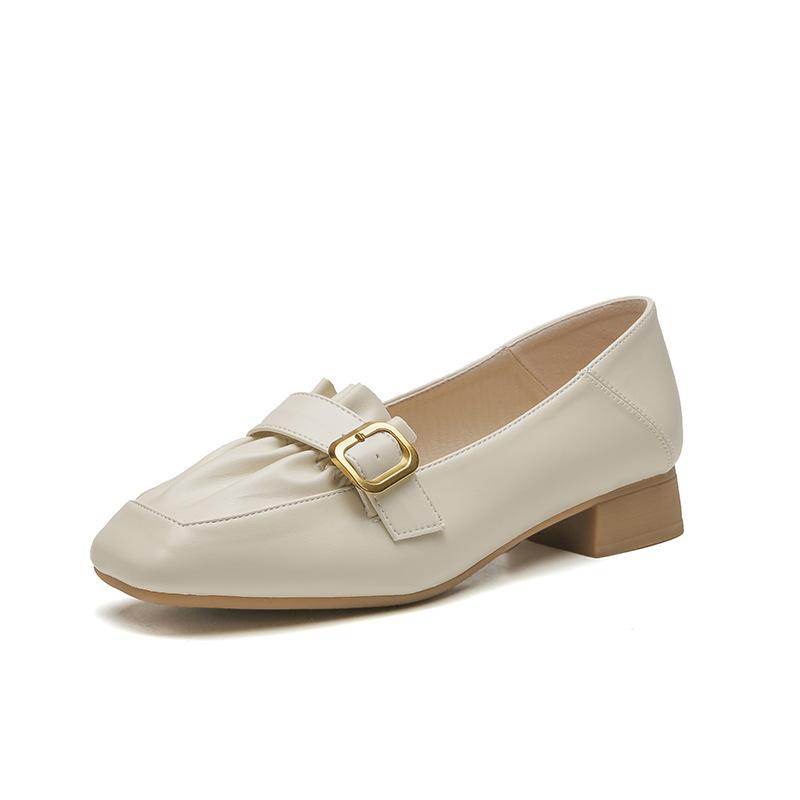 Square Head Thick Heel Single Shoes Women's Autumn and Summer Pleated Soft Leather Flats Women's Metal Decoration Versatile Commute