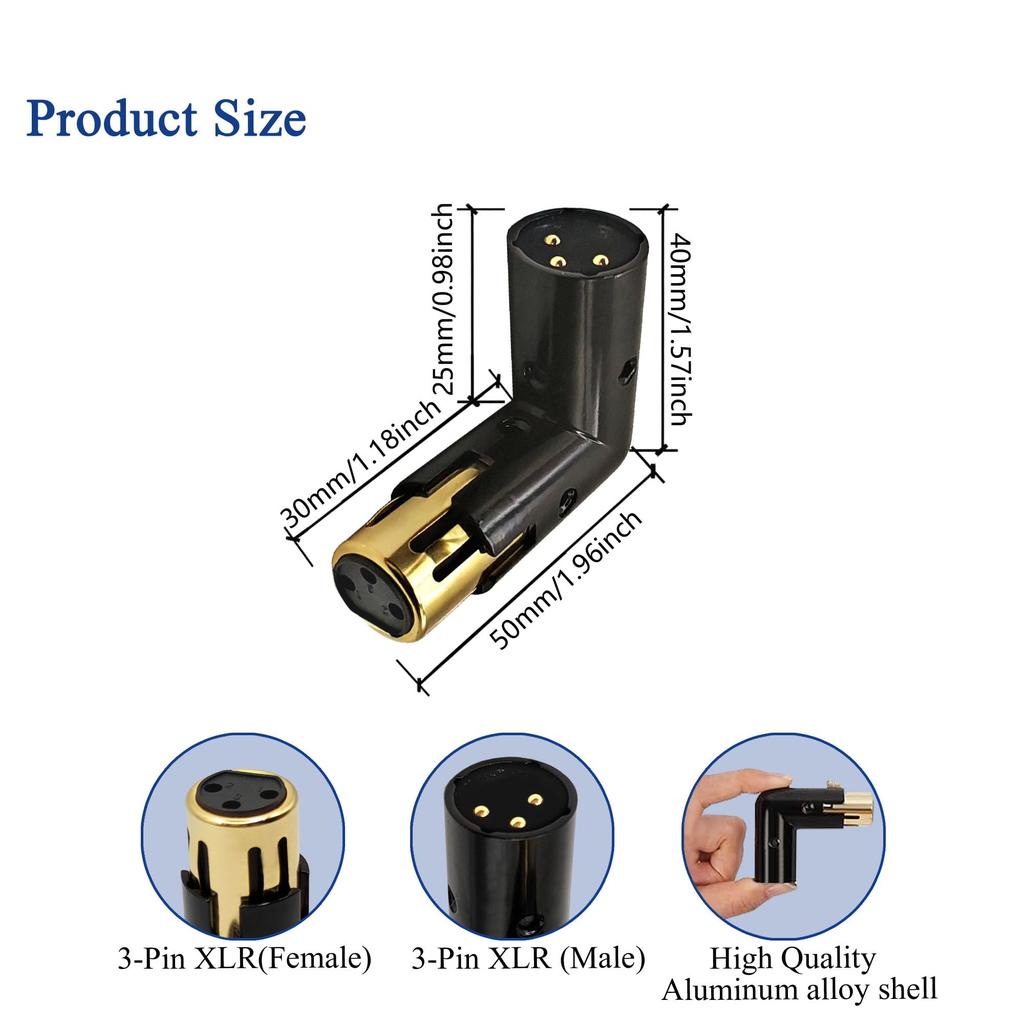 Voluty Tek XLR Right Angle Adjustable XLR for Audio Cables and PA Male-to-Female Adapter, 3-Pin 90-Degree Connector, Systems, 2-Pack